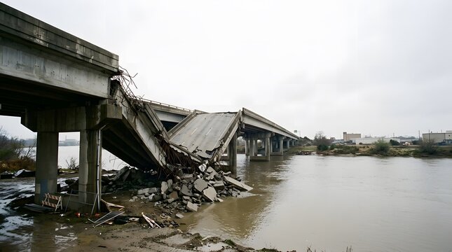 Collapsed concrete bridge section after disaster. Damaged infrastructure from flood or earthquake in urban area.