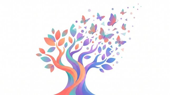 Abstract colorful vector tree with leaves dissolving into flying butterflies and geometric particles