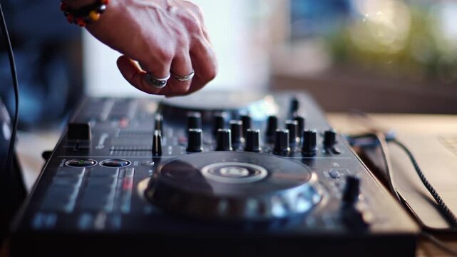 A close up cinematic shot of male dj hands adjusting music on a modern sound mixer at event.