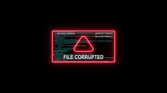 File corrupted digital glitch warning animation with neon red warning sign and data code overlay error message