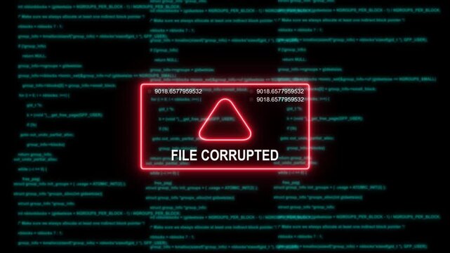 File corrupted digital glitch warning with scrolling programming code background, error cyber security