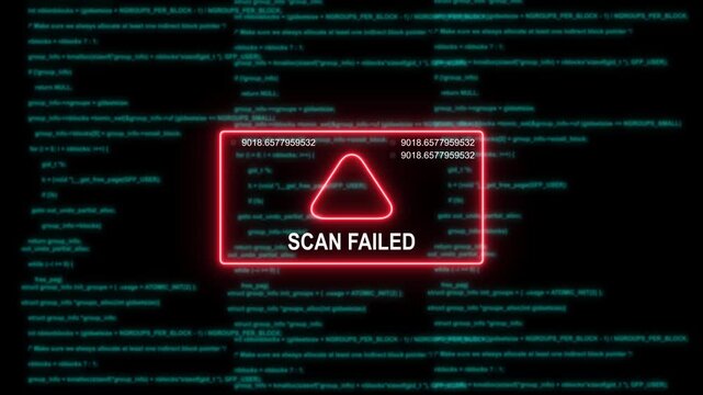 Cyber security scan failed warning with digital glitch effect and programming code background, data breach