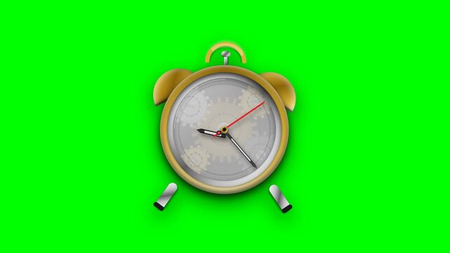 Animated Gold Vintage Alarm Clock with Rotating Internal Gears on Green Screen