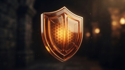 Fototapeta premium Glowing glass protective shield with honeycomb pattern floating in dark fantasy medieval background, symbolizing security, defense, and power