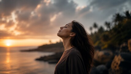 Fototapeta premium Young Woman Practicing Mindfulness in Mountain Landscape, Deep Breathing, Mental Wellness and Peaceful Nature Retreat Concept