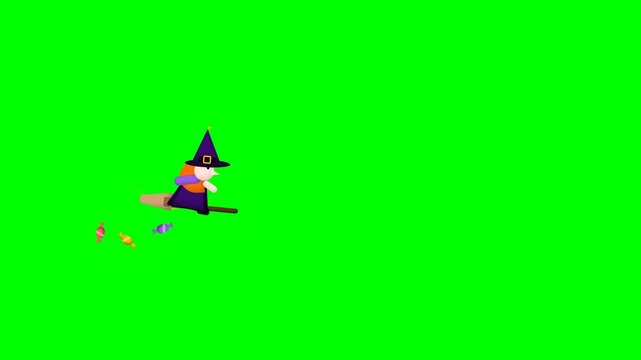 Cartoon Witch Flying on Broomstick Dropping Candy Halloween Animation on Green Screen