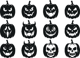 Obraz premium Creepy Jack-o'-Lantern Pumpkin Icons, Halloween Horror Silhouette Vector Pack, isolated on transparent background