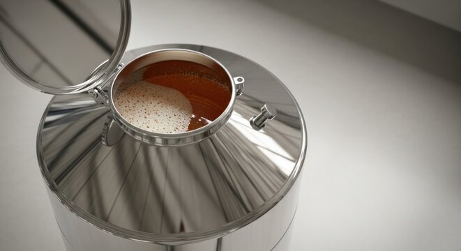 A stainless steel industrial fermentation tank featuring an open hatch with liquid inside.