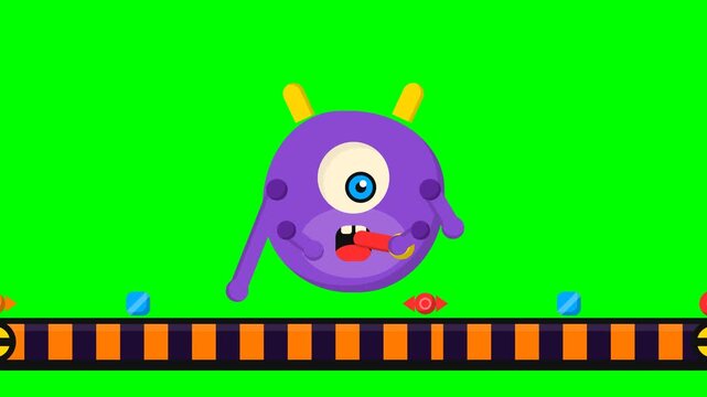 Animated Purple One Eyed Alien Character on Moving Conveyor Belt Green Screen Chroma Key Background