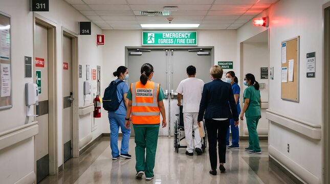 Hospital Emergency Coordinator Leading Medical Staff Evacuation Drill Through Fire Exit Corridor for Healthcare Safety Compliance, Emergency Preparedness and Disaster Response Training