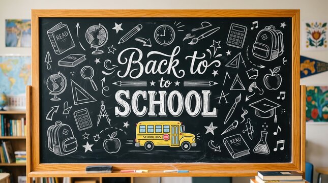 Back to school chalk board display with school icons and bus drawing.