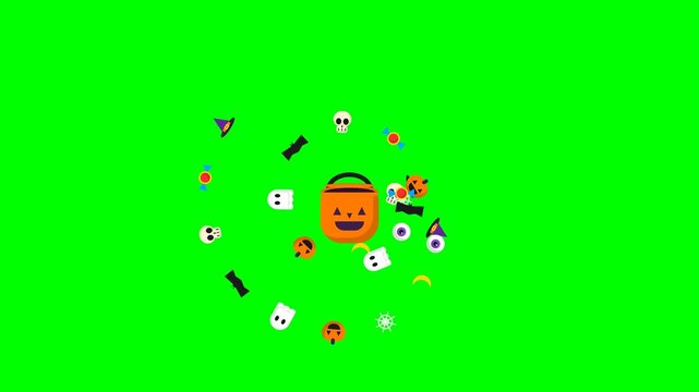 Animated Halloween Icon Elements with Pumpkin Bucket on Green Screen Background