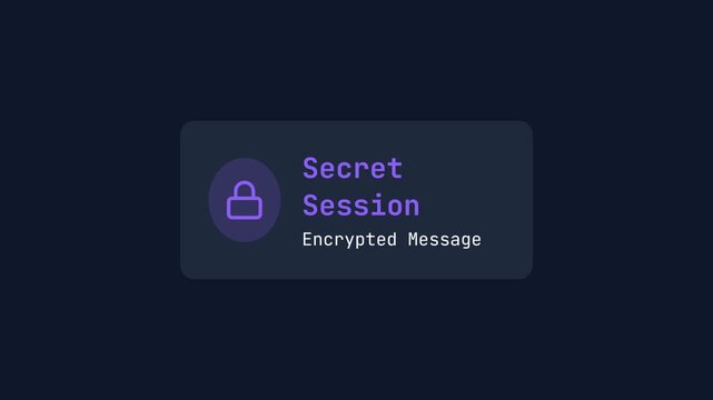 Animated encrypted message on screen, glowing purple lock icon with 'Secret Session' text, seamless loop, symbolizing secure communication for technology and cybersecurity concepts.