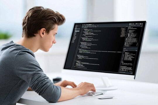 A developer writing code on a large monitor in a modern office setting, with the background intentionally blurred to provide significant copy space.