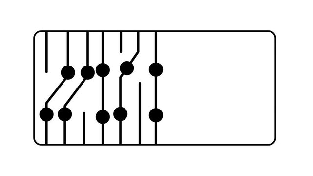 Outline icon of a rectangular microchip with printed circuit board traces and connected dots representing electronic hardware ideal for modern web