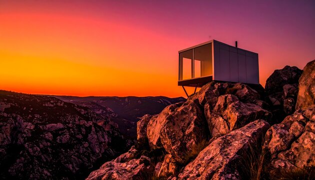 Sunset Over Modern Cliffside Home Amid Rugged
