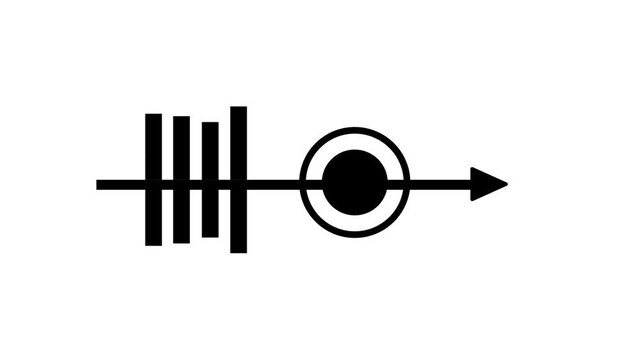 Filled icon of vertical tally bars with a central circle and directional arrow representing data flow counting process ideal for modern web design