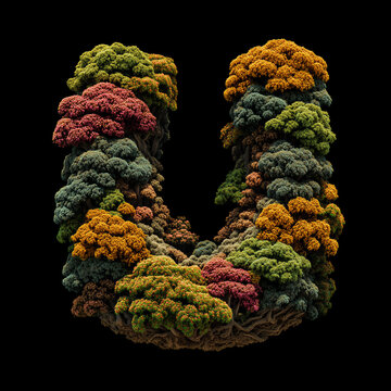 Letter U crafted from diverse trees, shrubs and bushes isolated on black background with clipping path