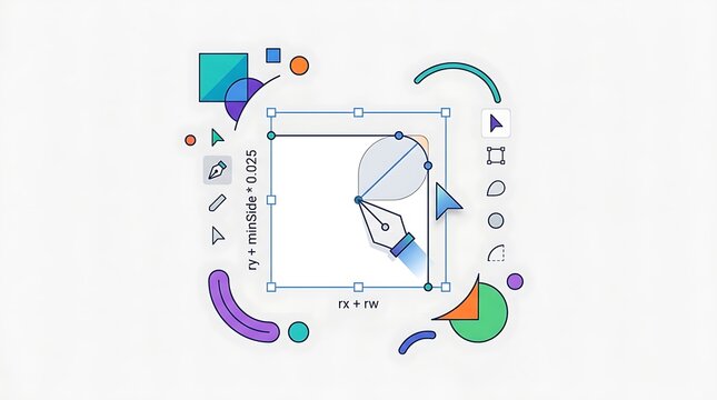 Graphic design software interface with pen tool and geometric shapes