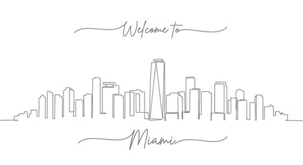 Obraz premium Welcome to Miami Skyline Line Art - Cityscape Silhouette with Text