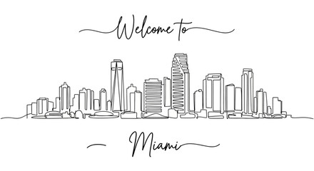 Fototapeta premium Welcome to Miami Skyline Hand-Drawn Line Art - Cityscape Illustration