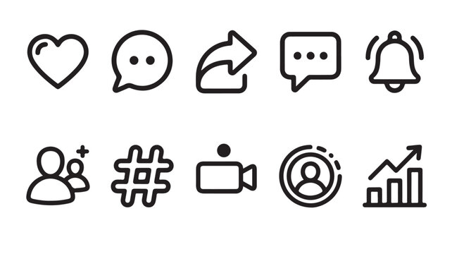 Minimalist social media icons set, black line art web symbols, 10 vector elements for digital marketing and app interface design