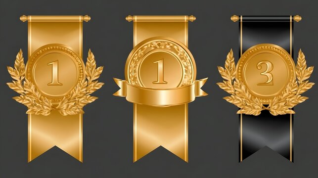 Ranking award badge. Gold winner medal prize icon with ribbon. Crown decoration rank golden banner, best champion shiny emblem. Victory vintage 1st place crest, premium sticker frame. 