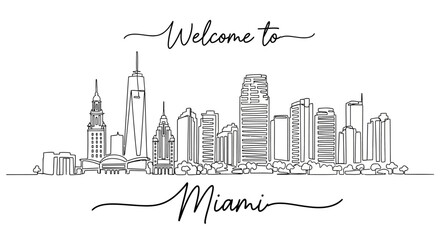 Fototapeta premium Miami Skyline Line Art with Welcome Text - Modern Cityscape Illustration