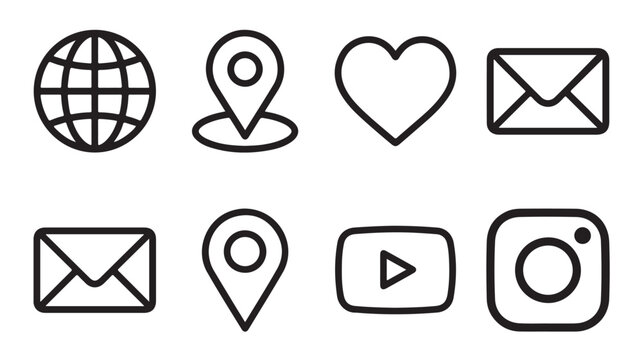Minimalist social media icons set, black line web interface symbols, 8 vector contact and communication elements for website design