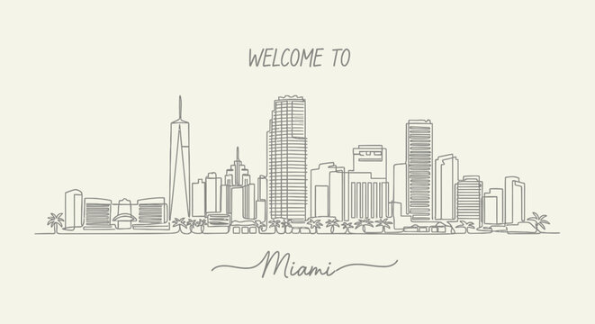 Miami Skyline Line Drawing and Text - Welcome to Miami Cityscape Art