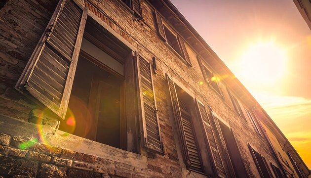 Sunlit Old Brick Building with Warm Nostalgic Glow