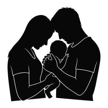 Silhouette of parents holding baby, touching foreheads