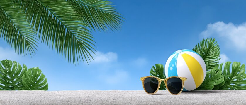 Palm leaves framing a beach still life with striped inflatable ball and sunglasses on a ledge under bright blue sky, summer vacation concept
