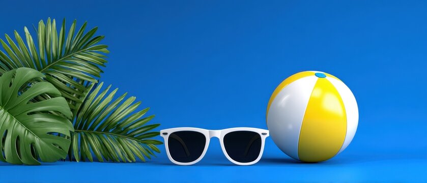 White sunglasses beside a yellow and white beach ball with tropical palm leaves and split-leaf plant on a bright blue studio backdrop. No visible text