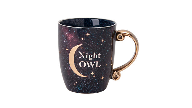 Dark night owl printed ceramic coffee mug handle isolated on transparent background
