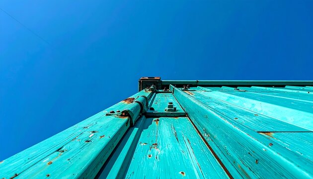 Rusty Turquoise Tower Reaching Into Bright Blue