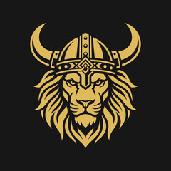 Fototapeta premium Gold Viking lion head mascot with horned helmet.