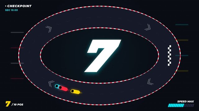 Top down arcade racing game user interface with lap countdown and glowing cars on dark track circuit