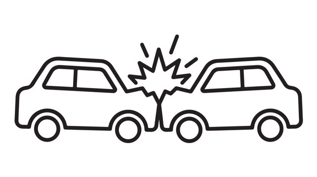 Minimalist car accident icon vector, head-on vehicle collision symbol, black line art of two cars crashing for insurance and safety concepts