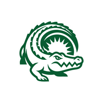Green crocodile profile logo with sun rays background.