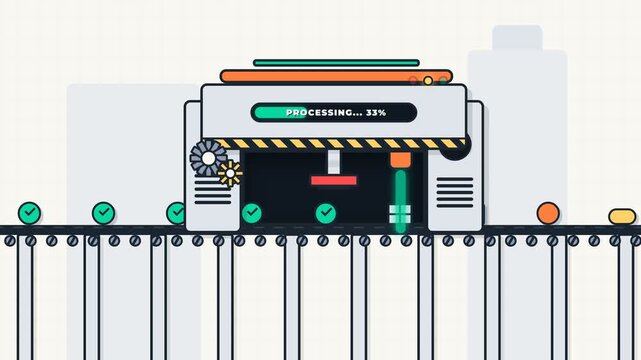 Abstract Industrial Factory Animation Showing Automated Data Processing and System Workflow Progress