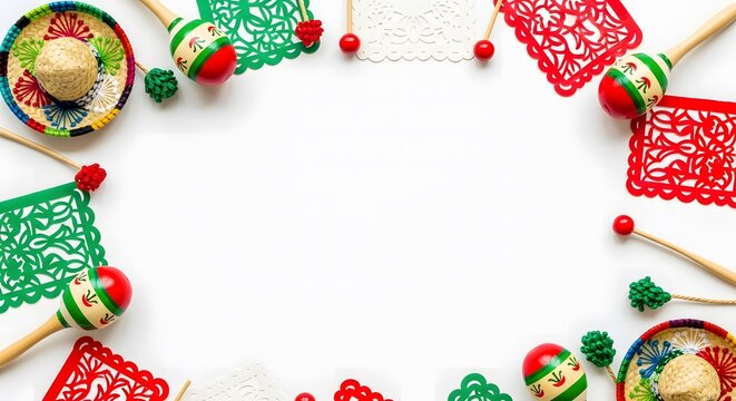Mexican fiesta background frame with maracas sombreros and papel picado.