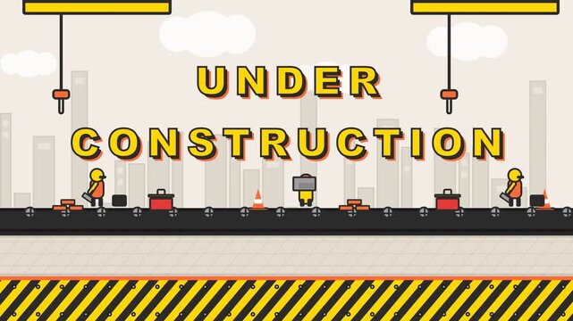 Under Construction Animation with Cartoon Workers and Conveyor Belt for Website Maintenance and Industrial Progress