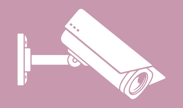 A clean, minimalist vector icon of a modern security surveillance camera mounted on a wall against an pink background.
