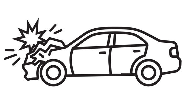 Car accident line icon, damaged vehicle with front end collision, automotive insurance claim symbol, black and white sedan crash vector