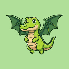 Fototapeta premium Happy cartoon green dragon standing with wings open.