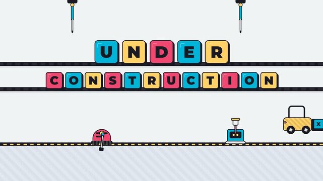 Industrial Factory Flat Design Animation Featuring Under Construction Text on Conveyor Belts