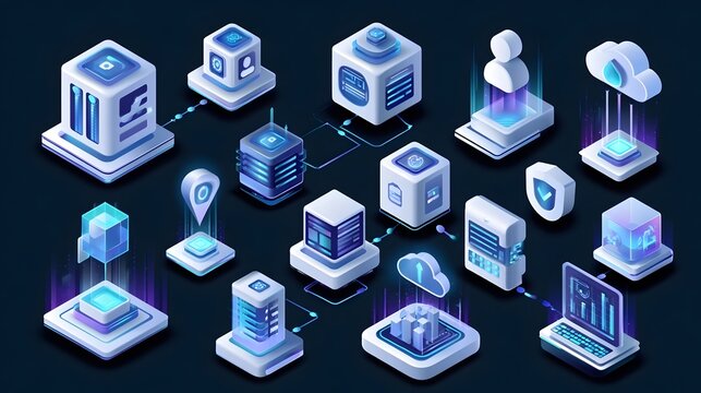 Technology icons set for AI Platform architecture workflow diagram - core platform, ai agents, data, system integration, ai governance - high quality isometric vector on white background Stock Vector