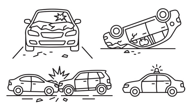 Car accident line icon set, vehicle collision and road crash symbols, 4 vector elements for insurance and safety infographics