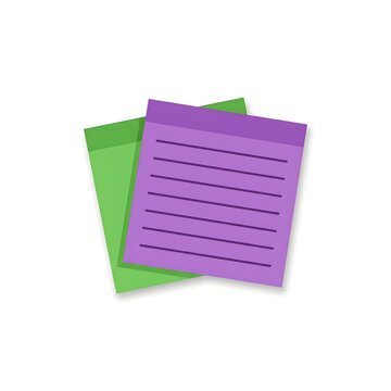 Purple and green paper stack with text lines
